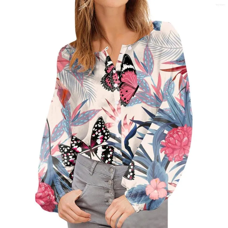 Camicette da donna Manica a bolle larghe Camicia da donna elegante per adolescenti Camicia a fiori con stampa a foglie di farfalla Top oversize Tuniche estive