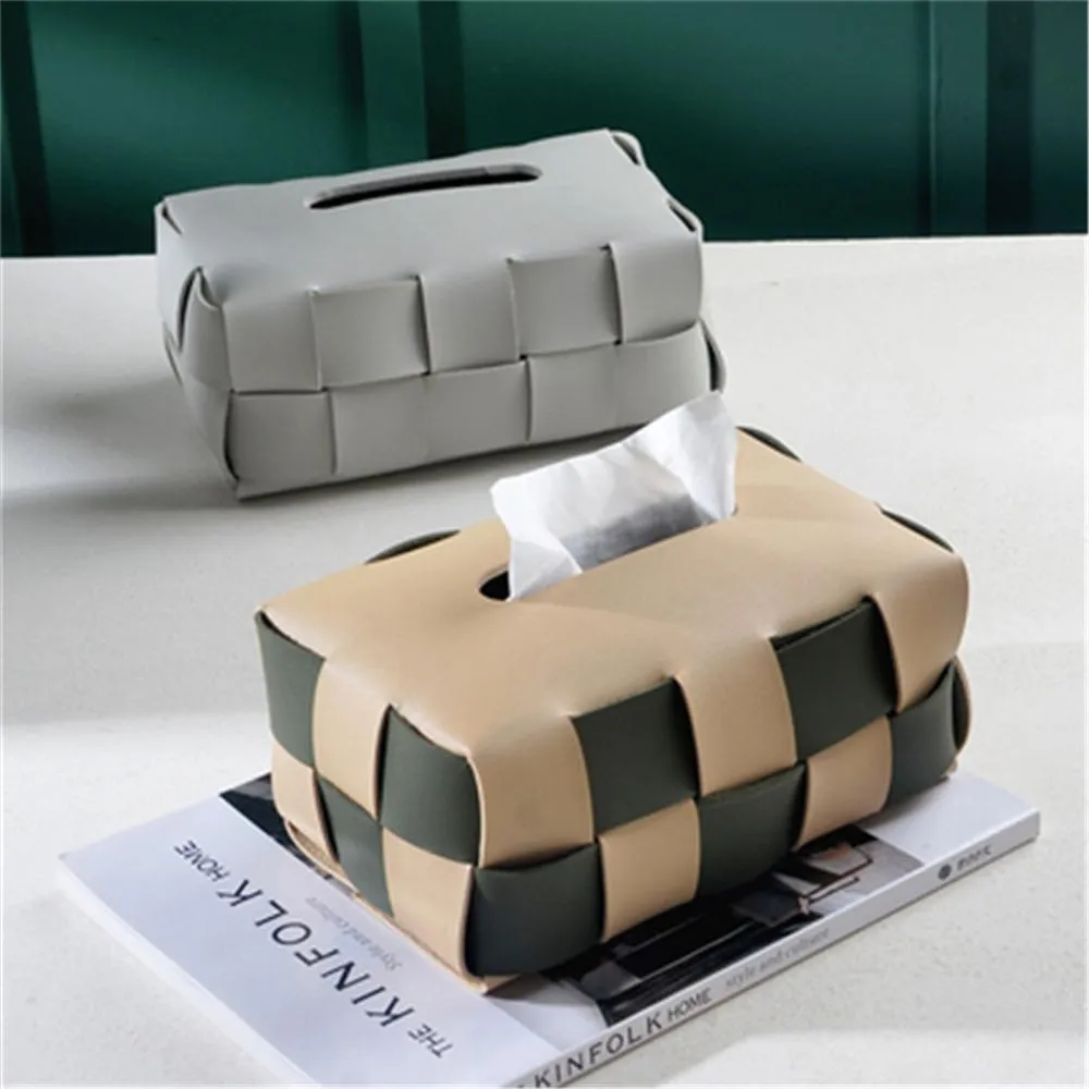 Organization Luxury Leather Tissue Box HandWoven Checkerboard Drawer Box Home Decoration Napkin Holder Desktop Color Matching Storage Case