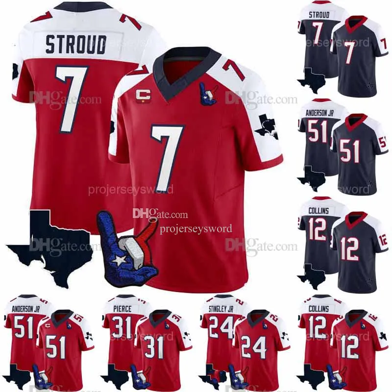 Personalizado 7 CJ Stroud 51 Will Anderson 24 Derek Stingley Jr Jersey de fútbol 2 Robert Woods Dameon Pierce Jalen Pitre Davis Mills Devin Singletary Laremy Tunsi Case Keenum