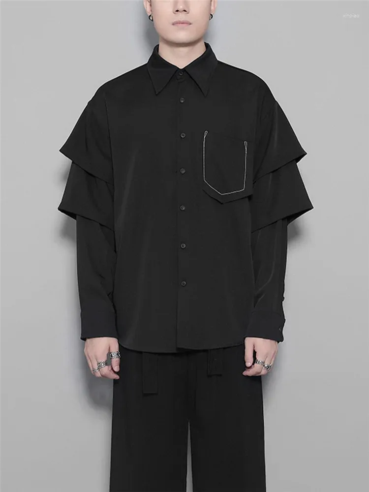 Camisas casuais masculinas XS-6XL Outono original personalizado camada dupla costura roupas de manga comprida plus size blusa preta de rua alta