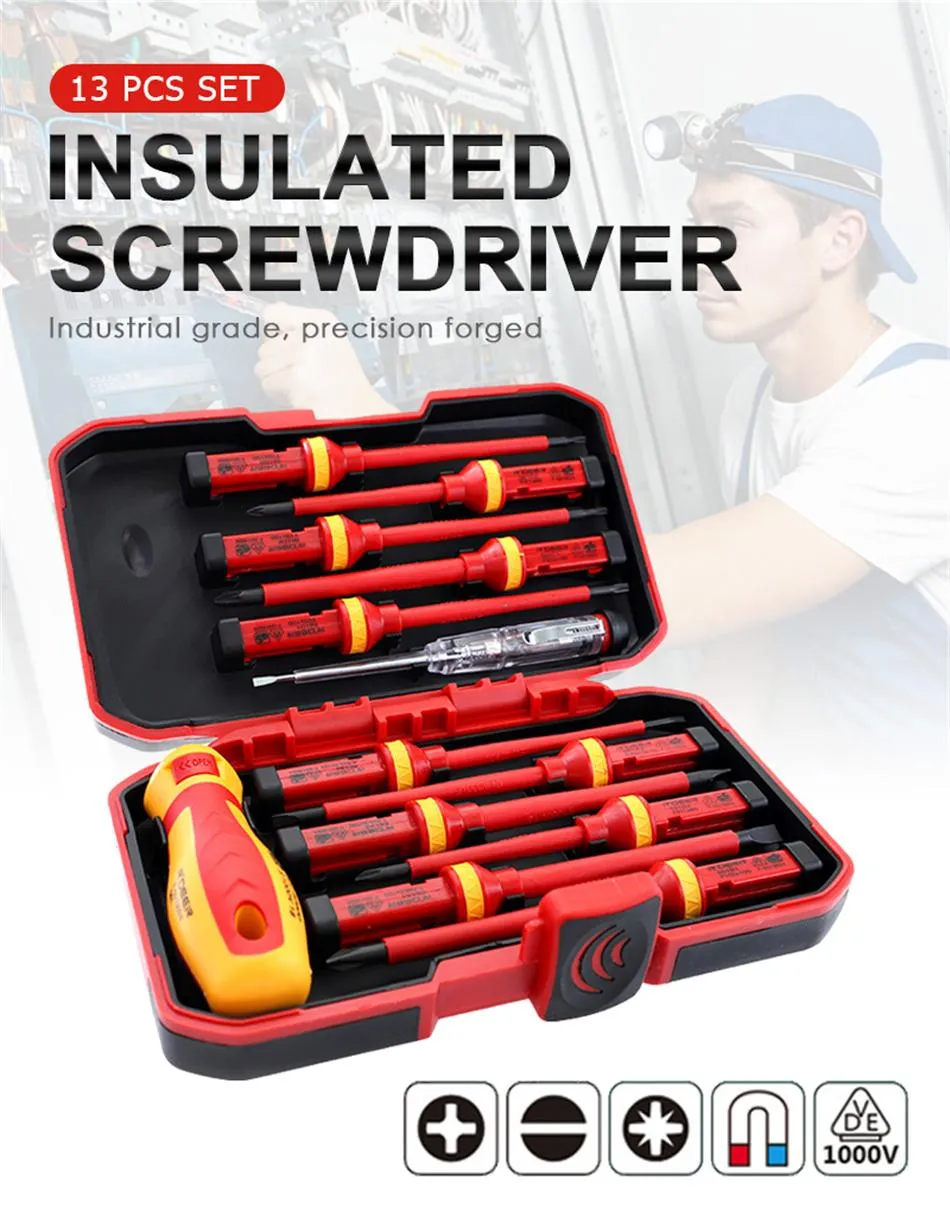 Schroevendraaier 13pcs VDE 절연 Torx 드라이버 드라이버 세트 1000V 슬롯 프리 릴립 스크류 드라이버 비트 키트 테스터 펜 전기문 수공