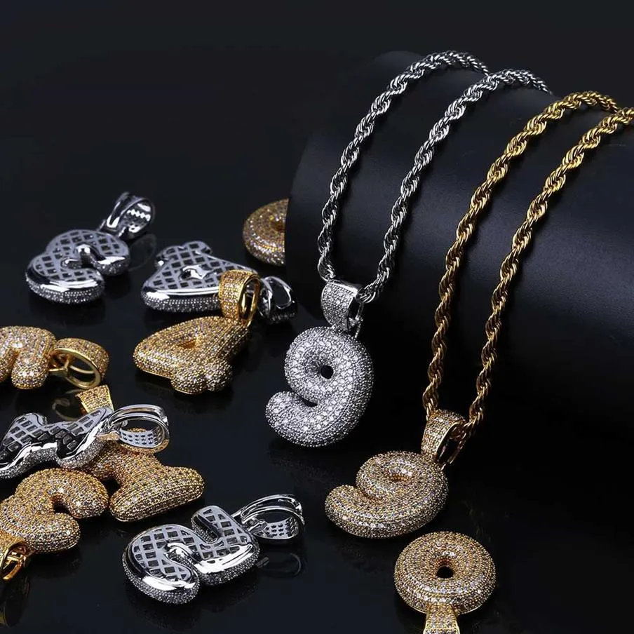 Hip Hop Bubble Arabic number Pendant Necklace Cubic Zircon 0-9 numbers Charm Gold Silver ed Rope chain For Men Women Jewelry 240p