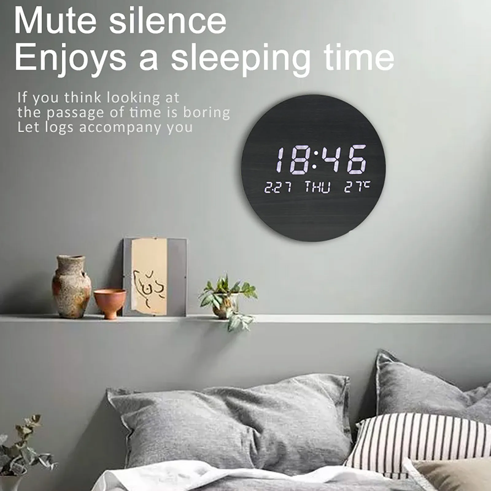 Zegary ścienne Kolor litego drewna okrągły styl LED w stylu cyfrowym Data Data wyświetlacza Silent Living Room Decor 230428