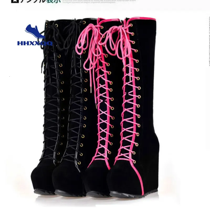 Boots 14cm Leather Platform Women Knee High Lace Up Sexy Heels Autumn Woman Shoes Winter Size 3443 231128