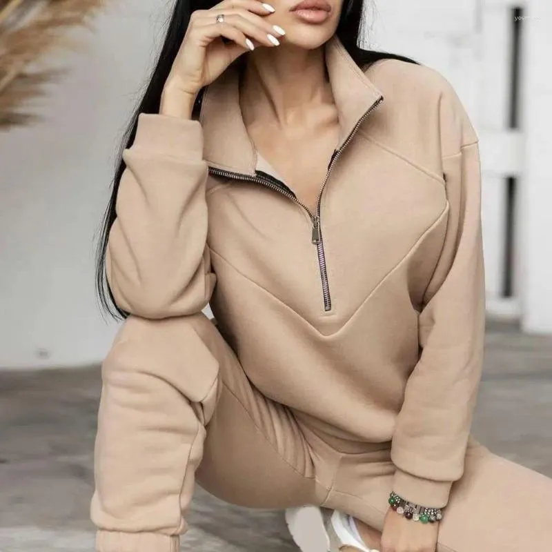 Women's Two Piece Pants 2 Pcs/Set Spring Top Set Chic Plush Fall Sweatshirt Elastic Cuff Women Winter Tracksuit For Daily Wear