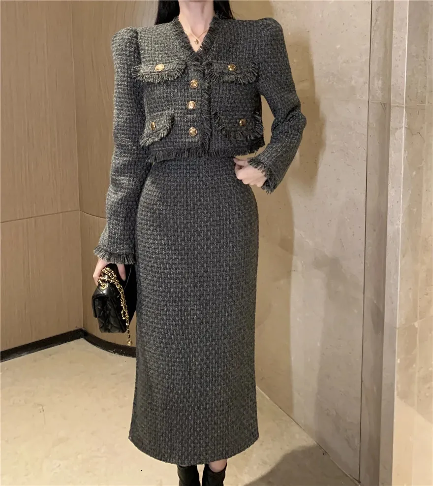 最大12%OFFクーポン Two Tweed Vintage Piece Sleeves Long With Set Dress Winter バーベキュー・調理用品