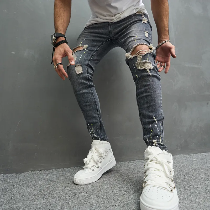 Erkek skinny jeans moda rahat ince bisikletçi denim pantolon diz deliği hiphop yırtılmış yıkanmış sıkıntılı