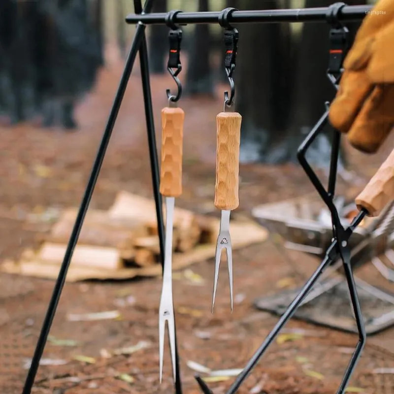 Juegos de vajilla, palitos para asar barbacoa, tenedores de parrilla para acampar de acero inoxidable, mango de madera, resistencia a altas temperaturas, accesorios para fogatas