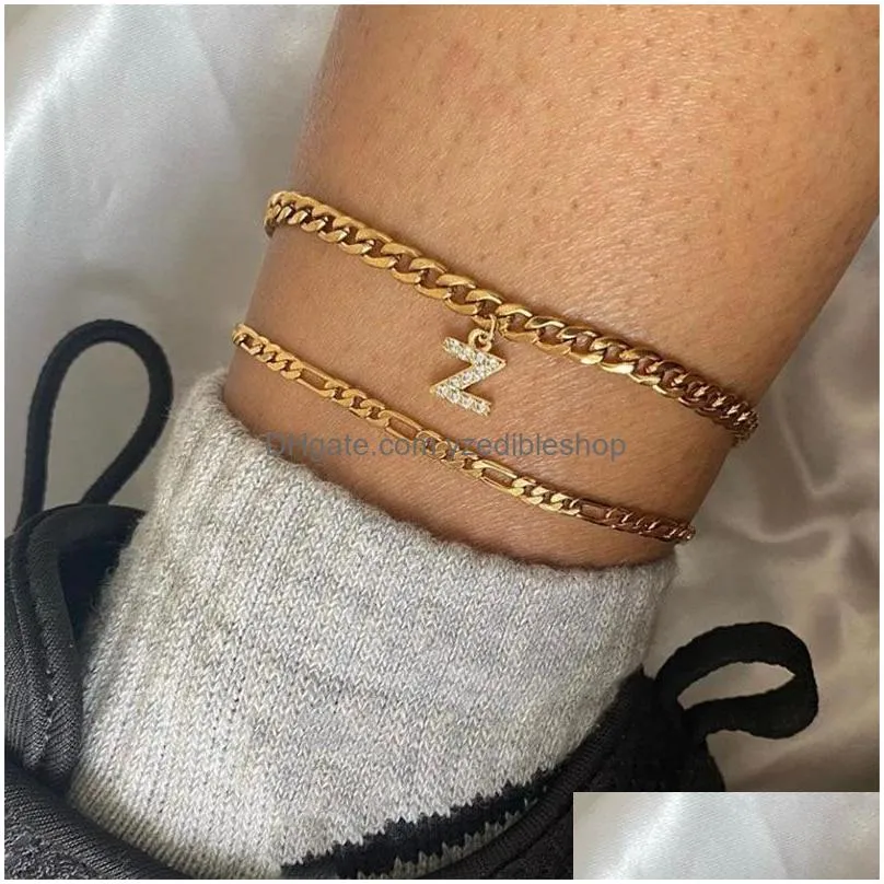 tiny a-z initial letter anklets for women stainless steel gold color alphabet cuban link anklet bracelet boho jewelry gift bijou