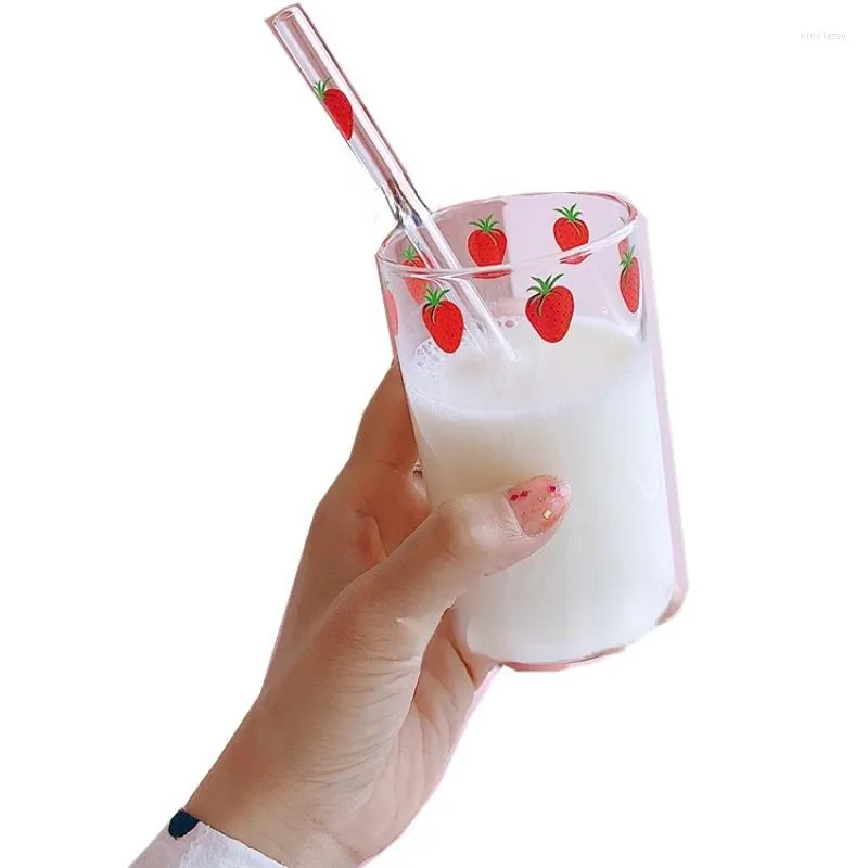 Strawberry Cute Glass Cup with Straw Creative Transparent Water