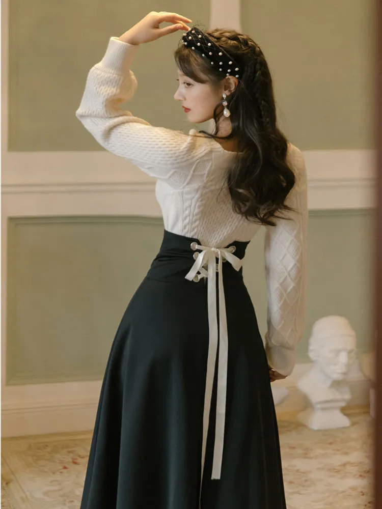 Dwuczęściowa sukienka Zima Zestaw Vintage biały długie rękawie SWEATER SWEATER BLACK BANDAGE MAXI SPIRT SUT ELEGANT LADY OUTSFITS 230428
