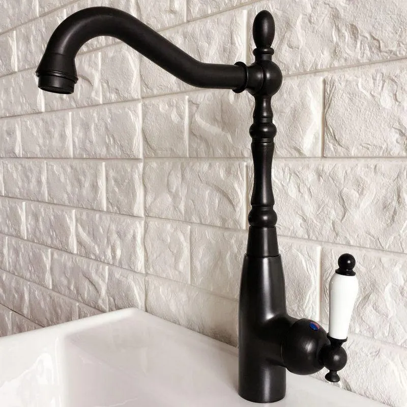 Kitchen Faucets Basin Faucet Black Oil Rubbed Bronze Sink Ceramic Handle Swivel Spout Bathroom Cold And Mixer Tap Dnf379