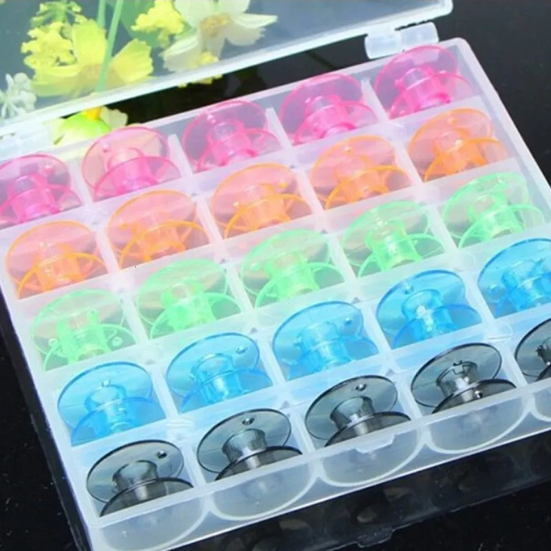 25Pcs/Set Empty Bobbins Sewing Machine Spools Colorful Plastic Bobbin Box Storage Case Sewing Machin Tools Accessories