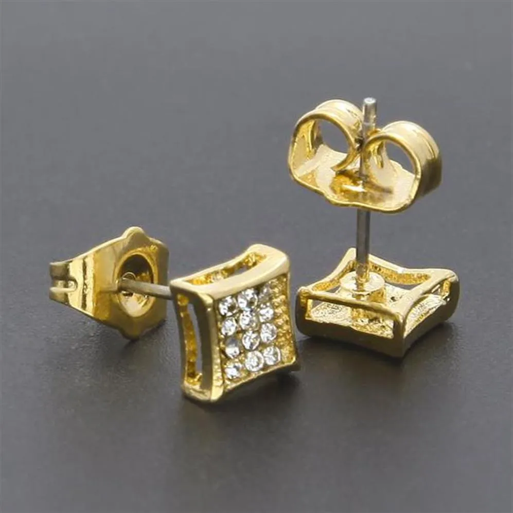 3 rad Micro Pave Bling Square Stud örhängen för män Kvinnor Guldpläterade isade ut kubiska Zirconia CZ Stone Screw Back Earrings Gift NE229m