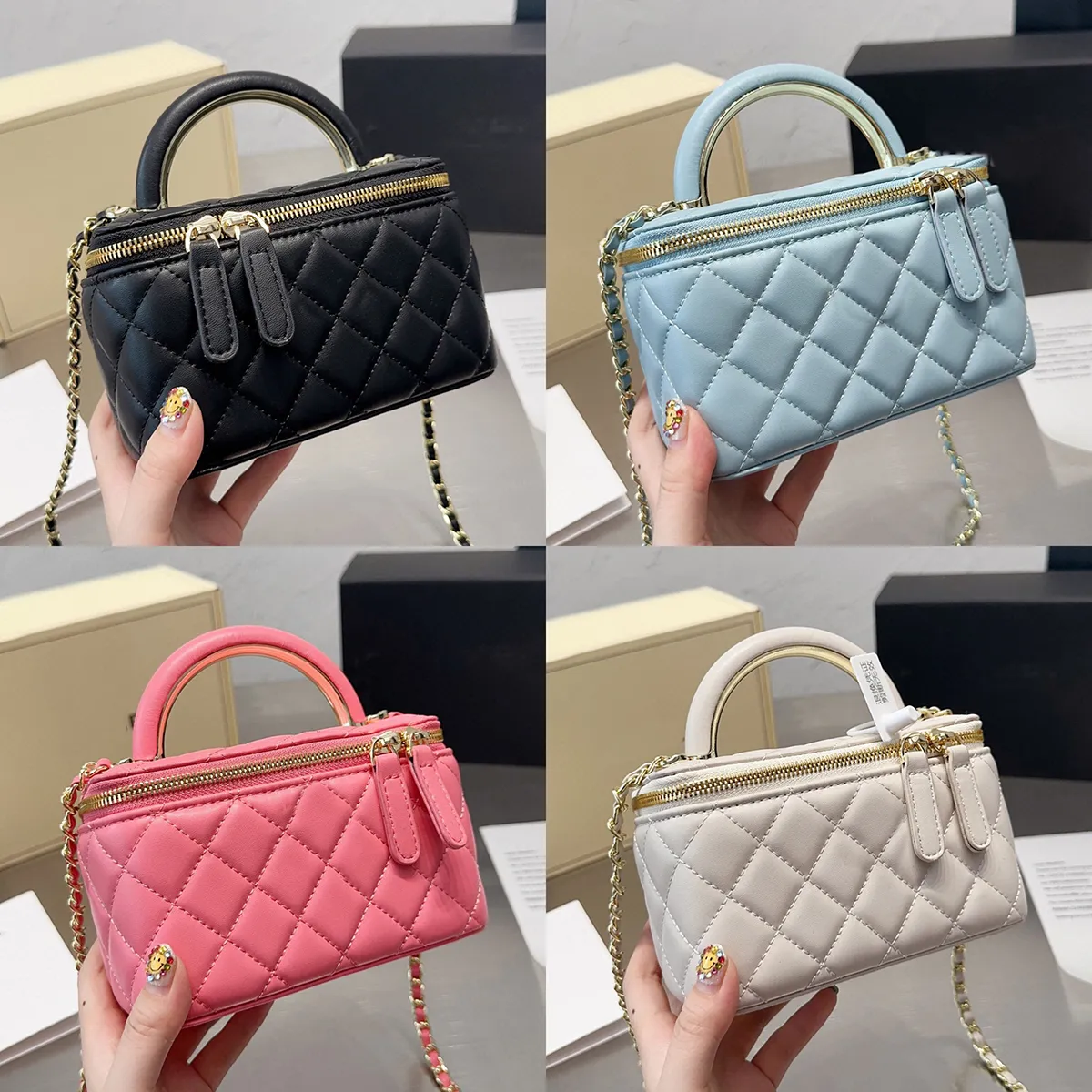 Luxury Designer Mini Vanity Bag With Chain Handle, Quilted Luxury Designer Mini Vanity Bag With Chain Handle, Quilted