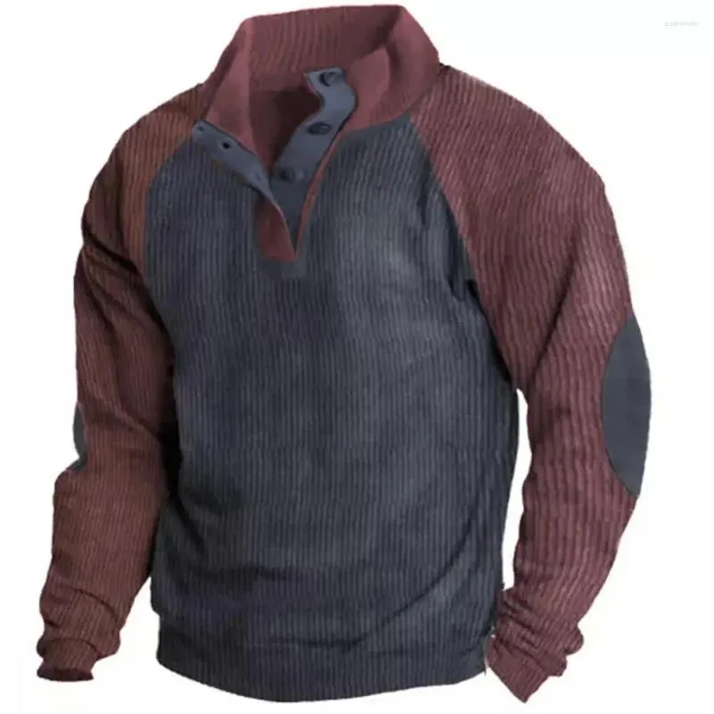 Sweat à capuche pour hommes, couleur assortie, Style Vintage, avec col montant, décor de boutons, Design Patchwork pour décontracté, automne et printemps