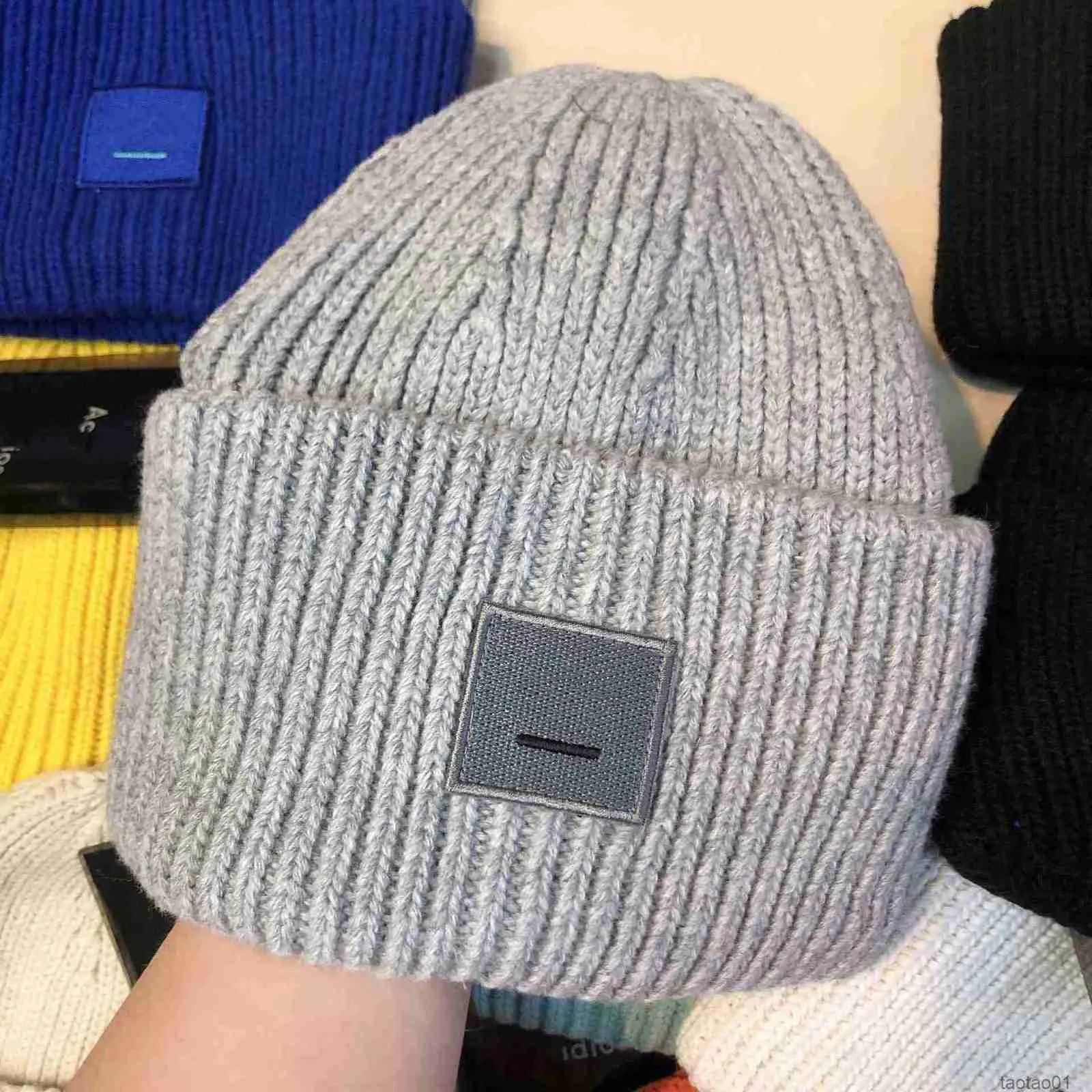 Winter Hat Designer Beanie Hats Designers Women Ac Square Smiley Face Wool Knitted High Version Female Pullover Casual Warm Elastic Fitted Caps 3TJKP