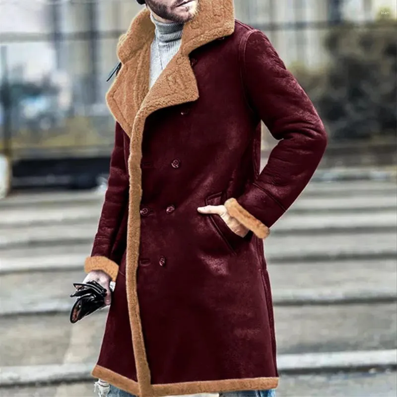 Trench-coat pour hommes, vêtements d'hiver chauds, col à revers, vestes épaisses à Double boutonnage, pardessus en fausse fourrure, vêtements d'extérieur doublés pour hommes