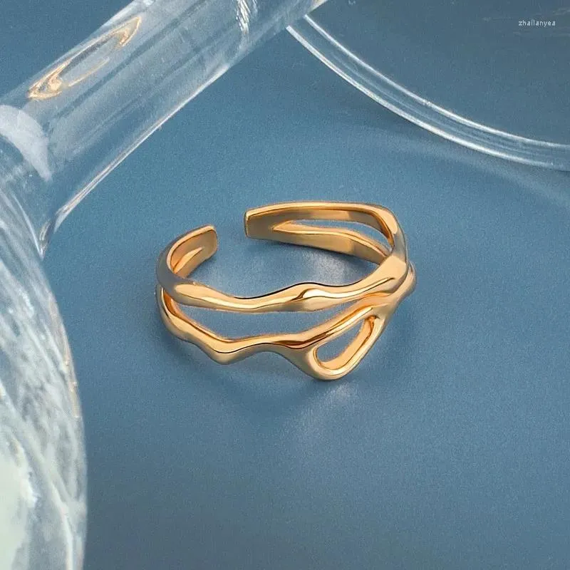 Cluster Ringen Goud Kleur Onregelmatige Holle Dubbele Lijn Geometrische Ring Vrouwelijke Eenvoudige Unieke Ontwerp Mode Verstelbare Sieraden B353