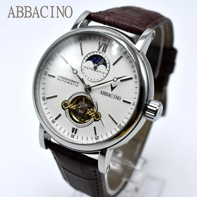 Wristwatches Winter ABBACINO Fashion Designer Brown Leather Strap Tourbillon Watch Mechanical Automatic Men's Casual Moonphase Wristwatc