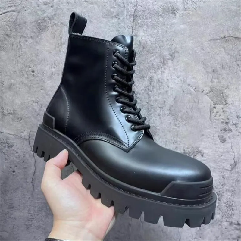 Men's Black Patent Leather Platform Combat Boots – Wide Toe Lace