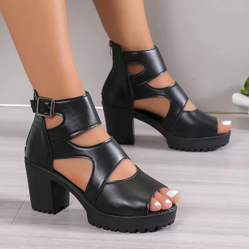 Sandalias Tacones altos Gladiador de mujer Sexy Hebilla cuadrada negra Zapatos de plataforma de tacón alto grueso Sandalias de mujer con cremallera trasera de verano 231129