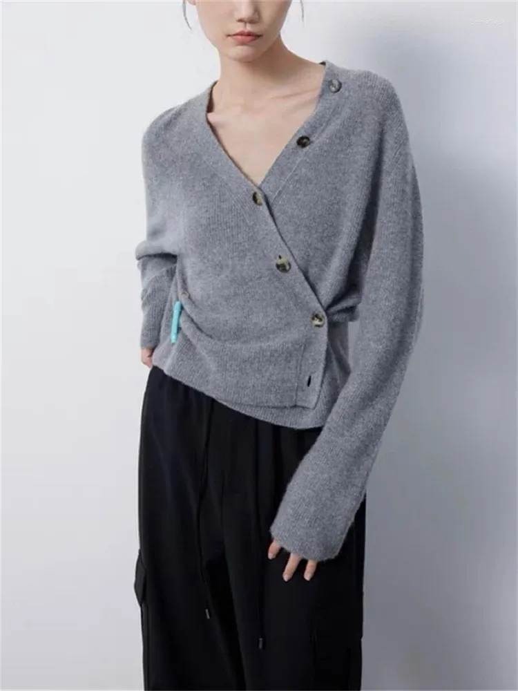 Women's Knits Diagonal Buckle Wool Cashmere Cardigan For Women 2023 Long Sleeve Sweater V-Neck Ladies Knitwear Tops Autumn Winter