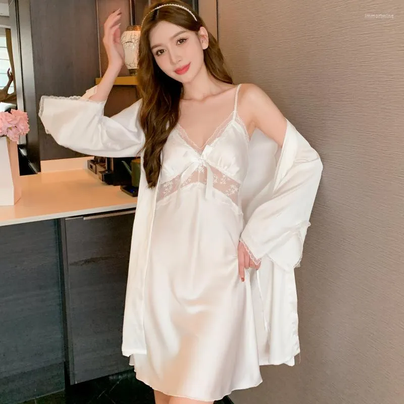 Women's Sleepwear MECHCITIZ 2023 Silk Women Sexy Robe Dress Set 2 Pieces Nightie Robes Lace Nightgown Pajamas Satin Bathrobe Home Suit