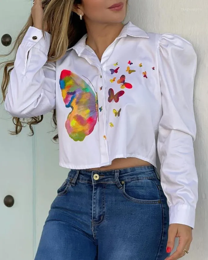 Women's Blouses Temperament Top Women 2023 Spring Puff Sleeve Butterfly Print Buttoned Turn-Down Collar Long Daily Crop Shirt