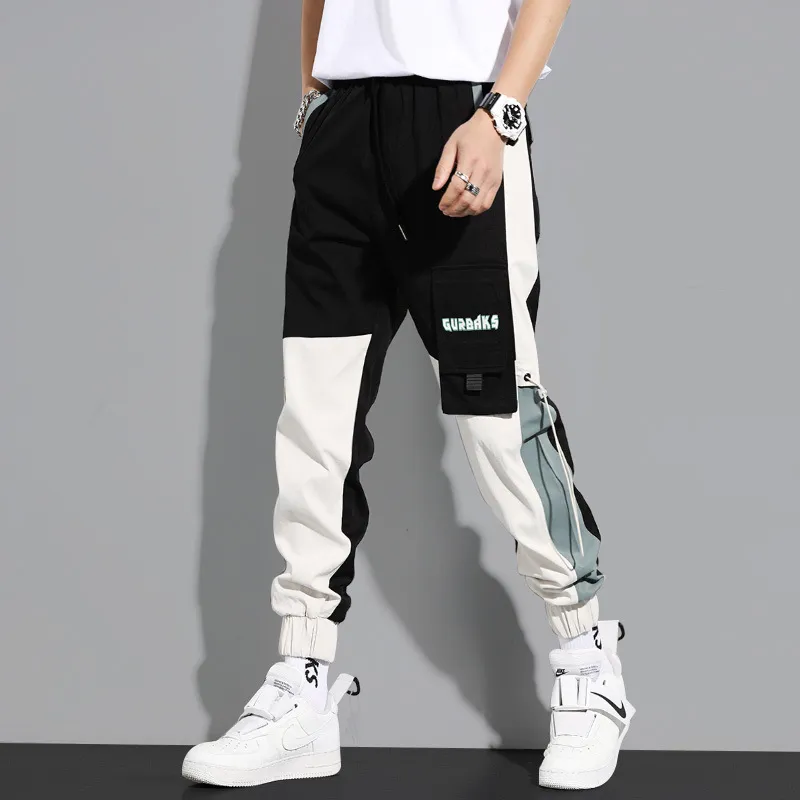 QNPQYX New Men's Cargo Pants Harajuku Harem Ribbons Patchwork Jogger Sweatpants Loose High Quality Korean Fashion Large Pocket Trousers