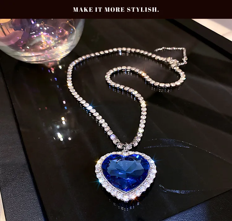 Blue Sapphire Titanic Ocean Heart Heart Pendant Chain With Diamond