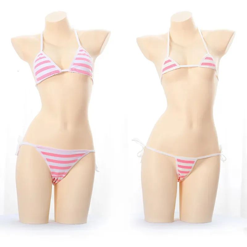 Sexy Set Japanese Lingerie Lolita Kawaii Blue Pink White Striped Mini Bikini Adult Cosplay Erotic Costumes Bra Women Underwear 231129