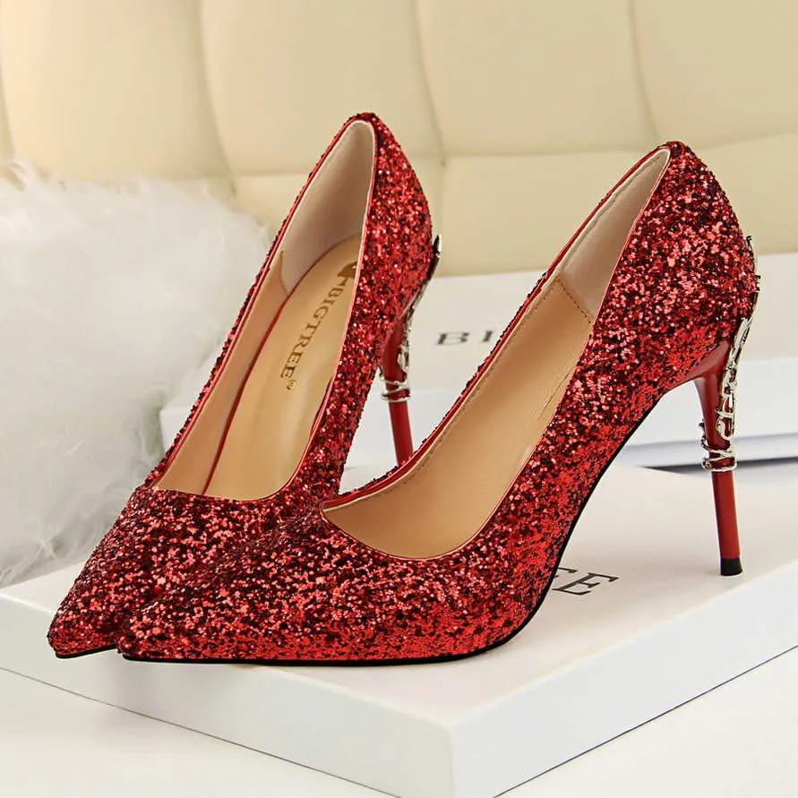 Sandálias 2023 Mulheres 10 cm de altura bombas de fetiche lady glitter metal escultura no casamento salto de noiva Bling Luxury Design Party Scarpins Sapatos J230428