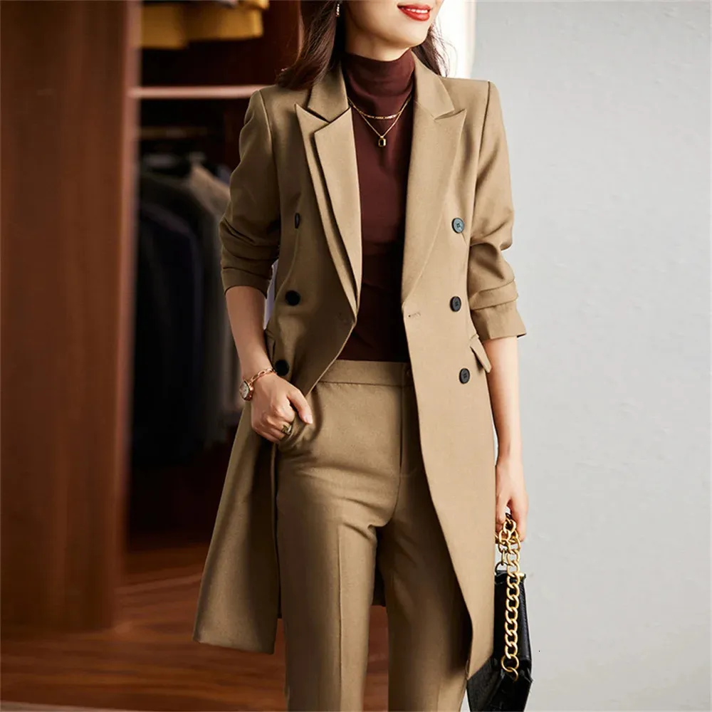 DHgate Womens 2 Piece Khaki Formal Pantsuit Set Casual Double Breasted Long Blazer Trouser Suit for Office Ladies Apparel