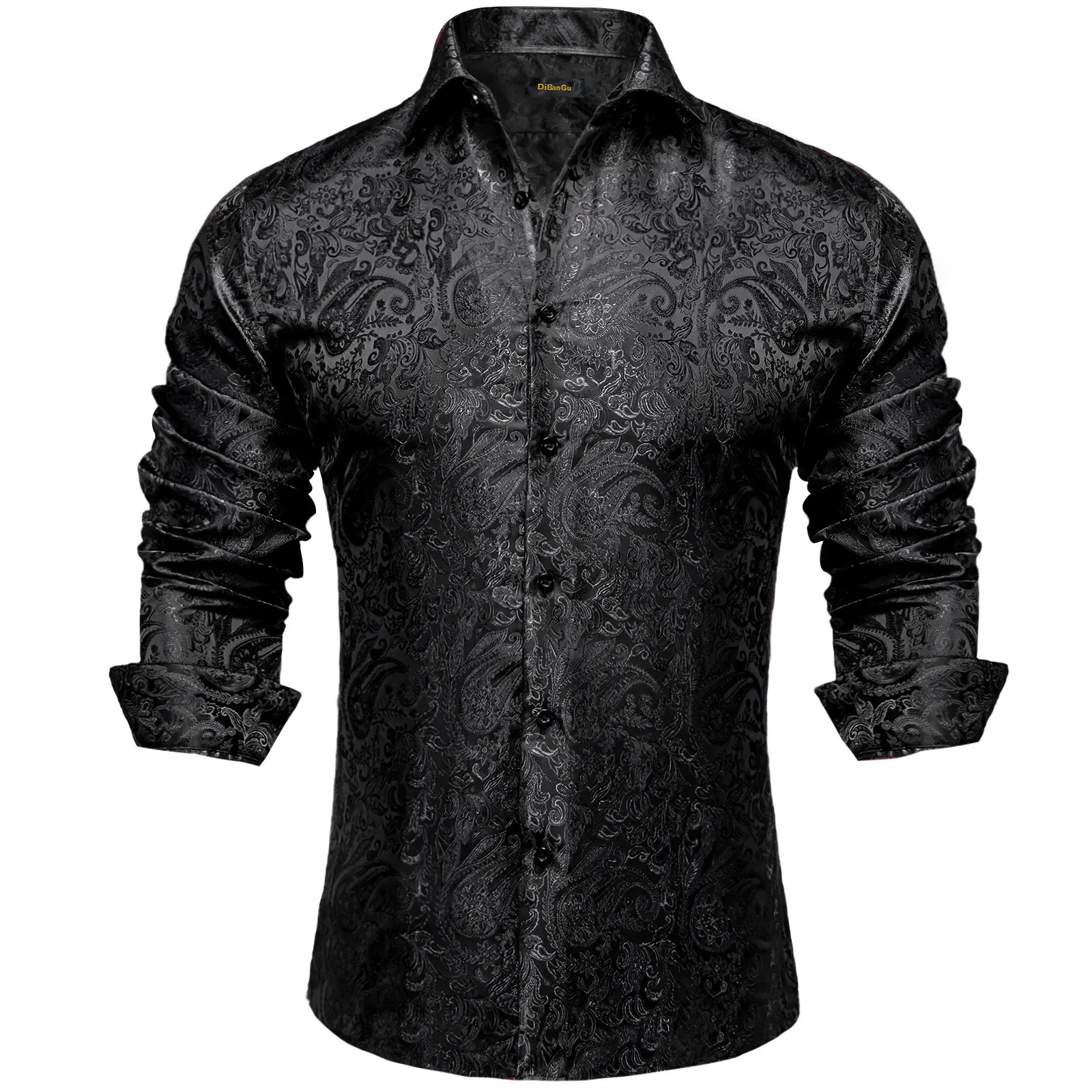 Men's Casual Shirts Men's Long Sleeve Black Paisley Silk Dress Shirts Casual Tuxedo Social Shirt Luxury Designer Men Clothing 231128