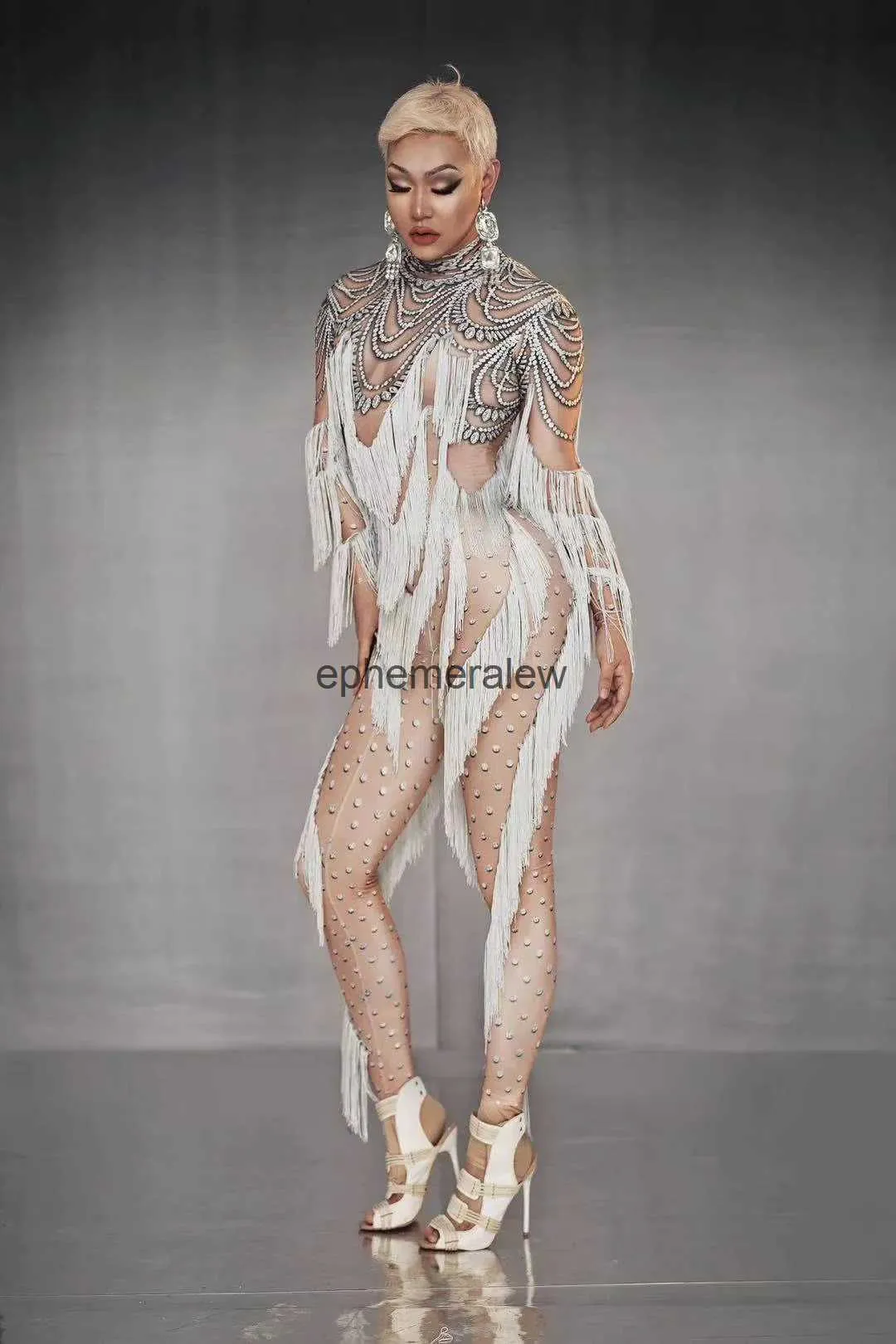 Stage Wear Mangas Compridas Branco Impressão Tassel Sexy Nude Macacões para Mulheres Drag Queen Party Cloing Stage Cantor Come Pole Dance Wearephemeralew