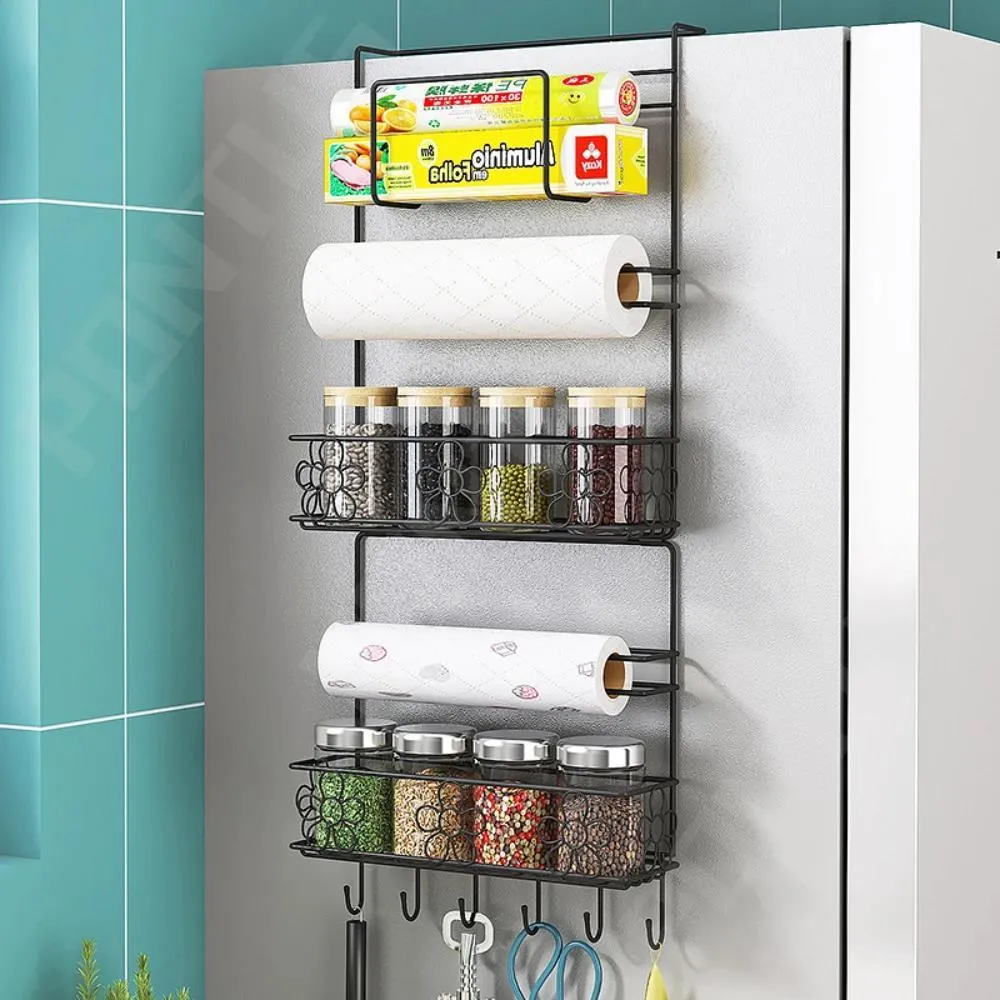 Organizzazione Scaffale laterale del frigorifero Rotolo di condimento Carta Pellicola trasparente Asciugamano Scaffale da cucina multifunzionale