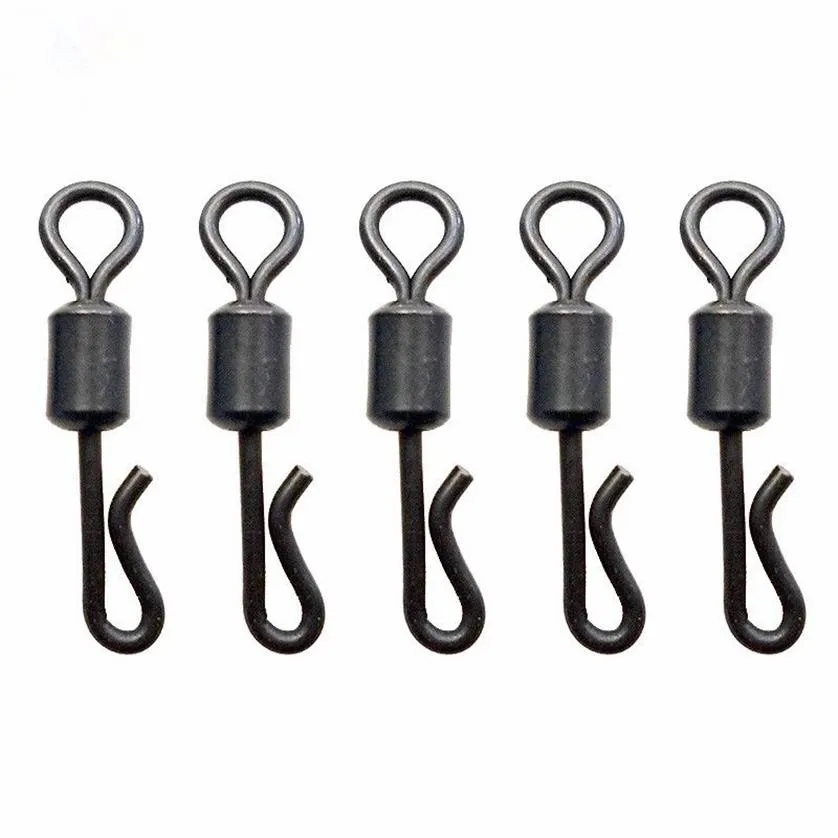 100 stücke Matte Schwarz Rolling Quick Change Wirbel Karpfen Rigs Lange Körper Q-förmigen Schaukel Snap Stecker Karpfen Angeln Accessories301E