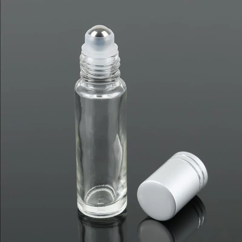 Bouteilles à roulettes en verre transparent pour huiles essentielles rechargeables de 10 ml, bouteilles d'huile essentielle de parfum avec rouleau en acier inoxydable et argent Pxdh