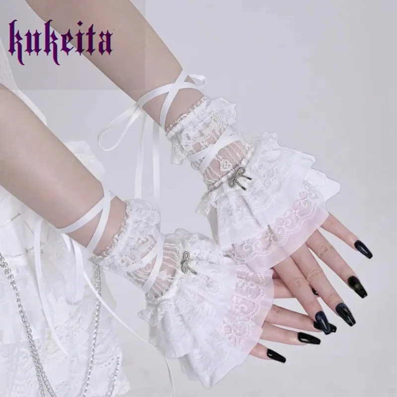 Guanti senza dita Guanto giapponese dolce in pizzo bianco Gothic Lolita Cosplay Fasciatura Arco Maniche corte Guanti senza dita Accessori abbigliamento donna 231128