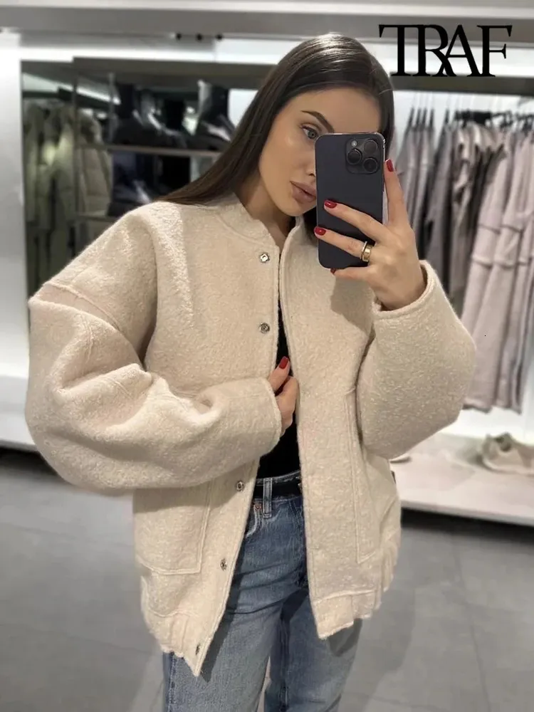Womens Jackets TRAF Women Fashion With Pockets Oversized Bomber Jacket Coat Vintage Long Sleeve Snap Button Female Outerwear Chic Tops 231129