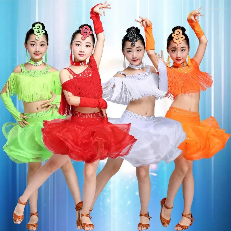 Vêtements de scène Spandex adulte enfant Costumes de danse latine gland haut sans manches jupe 2 pièces filles ensemble pour