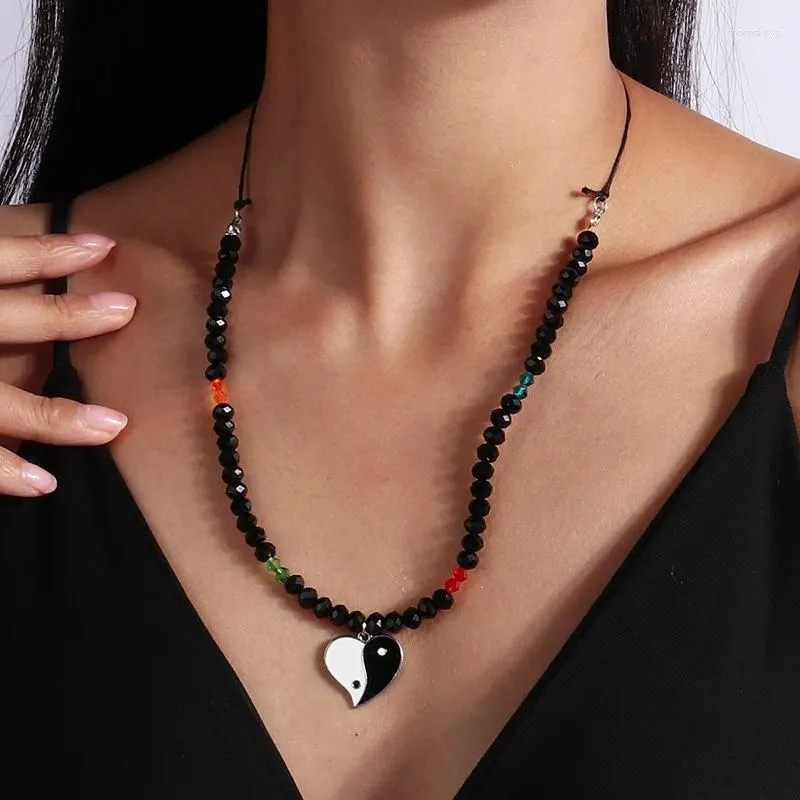 Pingente colares coreano preto cristal grânulos gargantilha para mulheres meninas moda jóias punk tai chi coração colar 2023