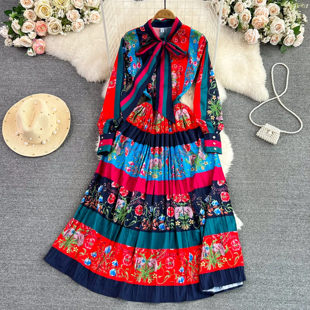 Vestidos informales 2023 para mujer, cuello redondo, manga larga, detalle de lazo, patrón fijo, estampado Floral, rayas, plisado, elegante, Midi, vestido de pasarela