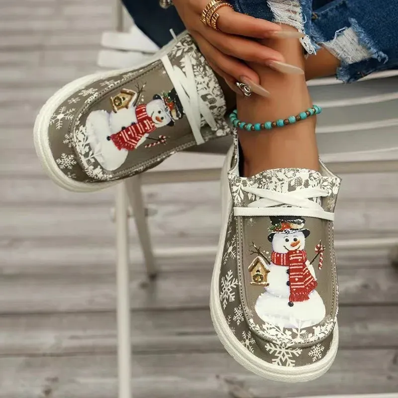 Lightweight Dress Print Casual Non-Slip Canvas Snowman Women's Flats Footwear 2024 Round Toe Lace Up Loafers Shoes Woman 231128 714