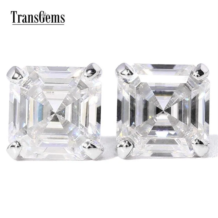 Transgems – boucles d'oreilles à tige en or blanc 14 carats, diamant Moissanite taille Asscher pour femmes, 4CTW 7MM Asscher 2ct chaque Moissanite F couleur Y2006302S