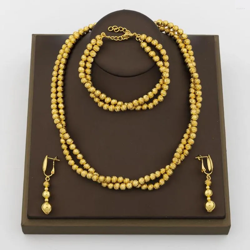 Necklace Earrings Set Fashion Jewelry Gold Color Beads Design Dubai African Layer And Water Drop Charm Bracelet Bridal