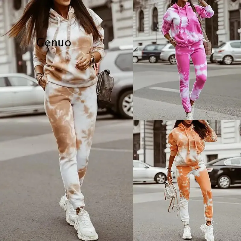 Womens Sweat Pants Set Marble Tie Dye Pant Set With Hooded