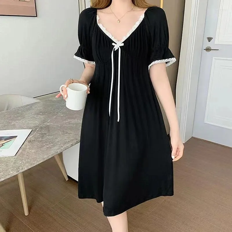 Ropa de dormir para mujer Sleep Lounge Falda suave para mujer Algodón Mangas cortas Camisón Negro Camisa de lujo para mujer Vestido casual para casa