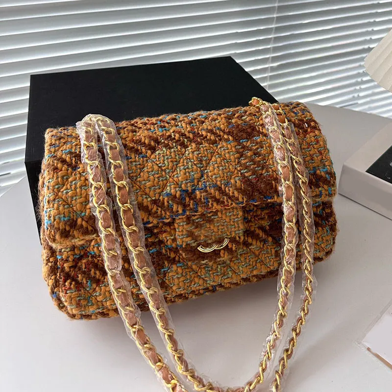 Multi Colors Designer Classic Double Flap tweed quiltad väska Knitting Tvåfärgad ränder Guldmetall hårdvara matelasse kedja 25 cm kvinnor crossbody axel handväska